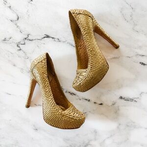 Prada Womens Metallic Gold Braided Leather Platform Heels, sz 36.5/US 6